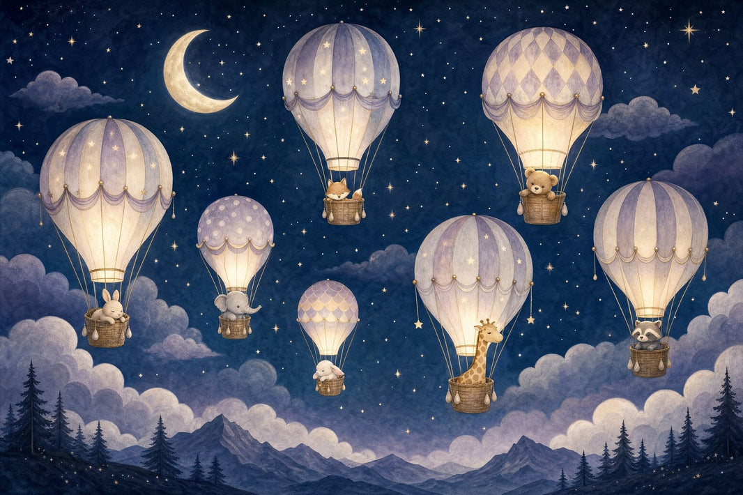 Dark Night Sky Wallpaper Hot Air Balloons Removable Watercolor Illustration Wall Decor pattern artwork