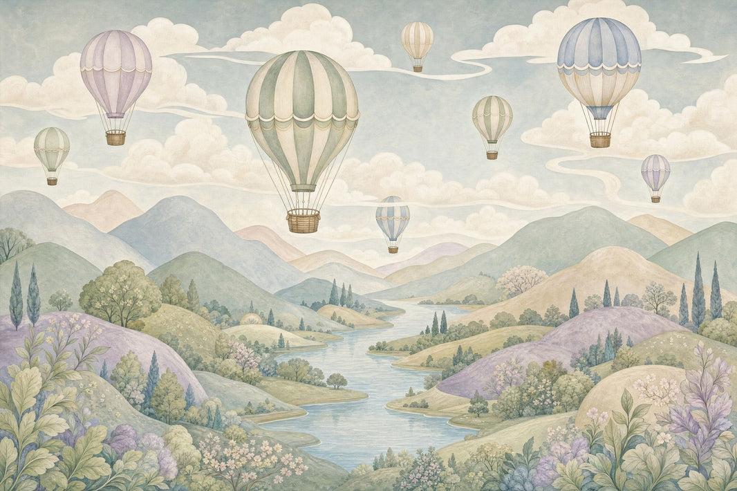 Pastel Landscape Wallpaper Hot Air Balloons Watercolor Sky Wall Mural pattern artwork