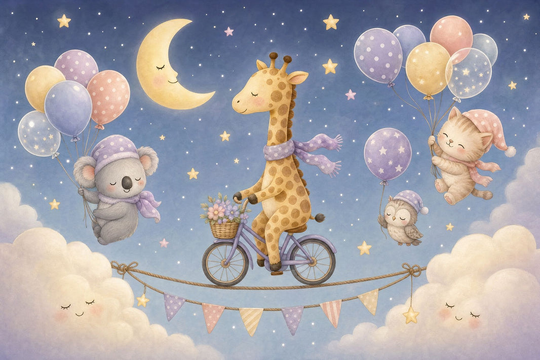 Giraffe On Bicycle Wallpaper Dark Night Sky Watercolor Nursery Wall Mural pattern artwork