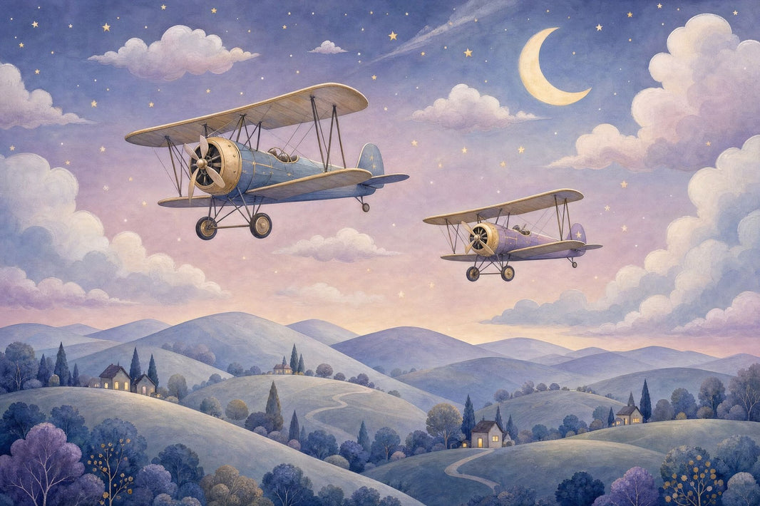 Vintage Biplanes Wallpaper Night Sky Crescent Moon Removable Wall Decor pattern artwork