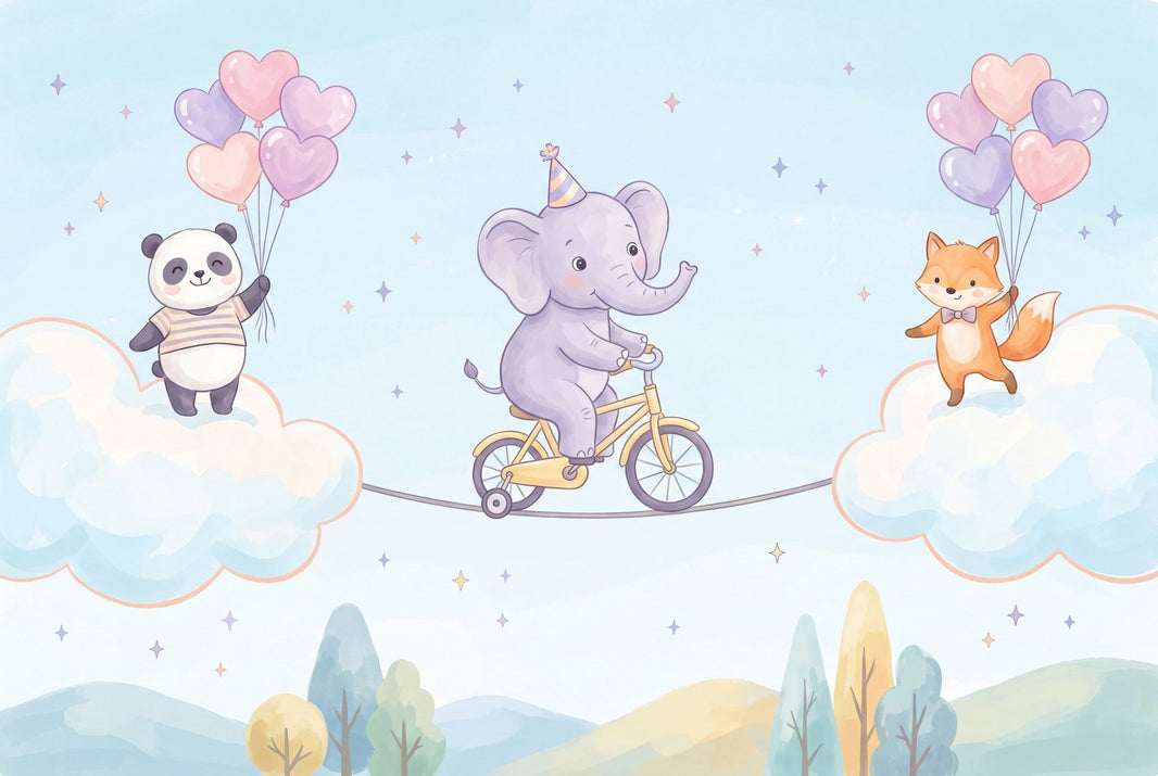 Elephant On Bicycle Wallpaper Cute Animals Pastel Sky Wall Mural pattern artwork