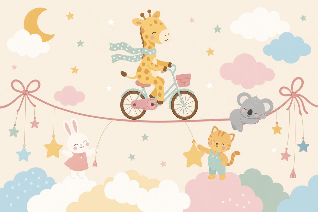 Nursery Wallpaper Cute Animals Pastel Clouds Removable Wall Decor pattern artwork