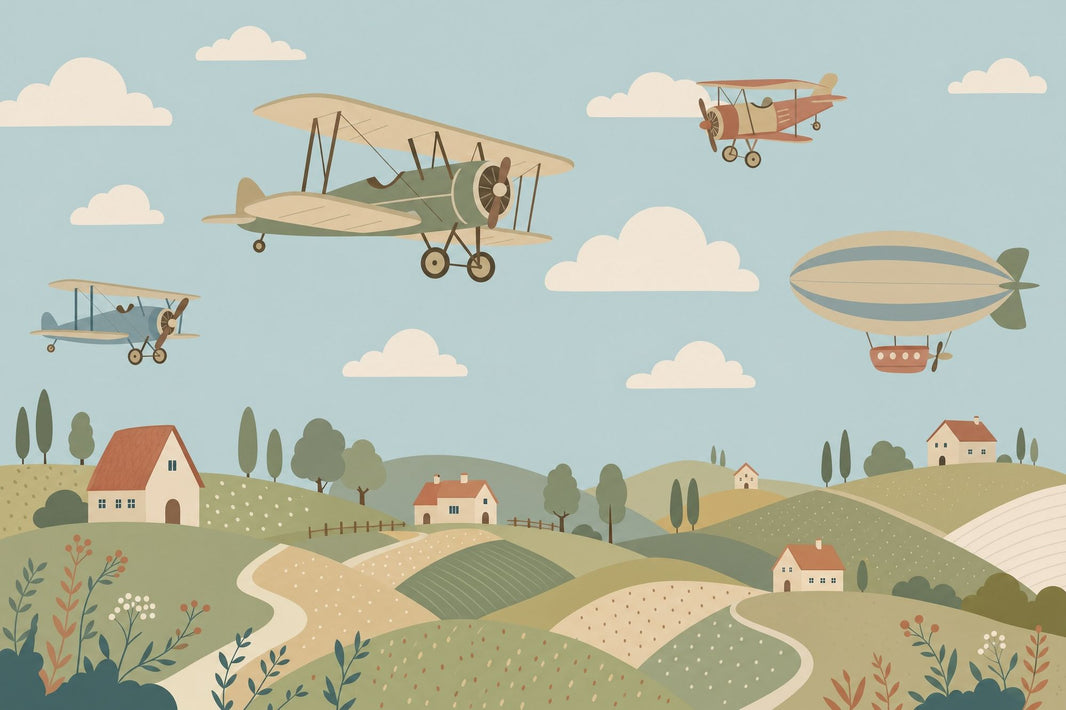 Muted Green Wallpaper Vintage Airplane Wall Mural pattern artwork