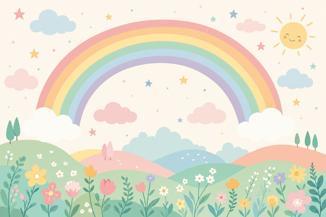 White Background Wallpaper Pastel Rainbow Smiling Sun Removable Wall Decor pattern artwork