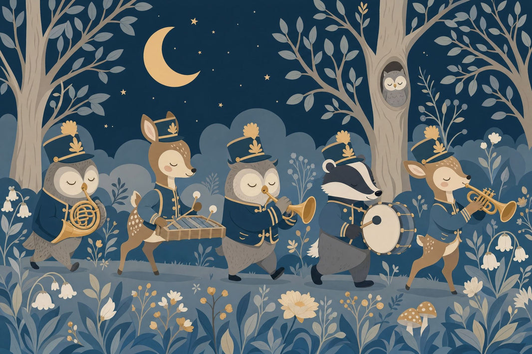 Dark Night Forest Wallpaper Woodland Animals Marching Band Wall Mural pattern artwork