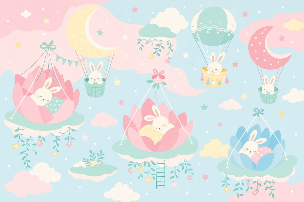 Nursery Wallpaper Pastel Sky Sleeping Bunnies Removable Wall Decor pattern artwork