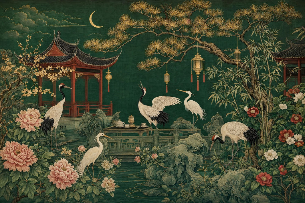 Pavilion Pagoda Wallpaper Dark Emerald Green Background Vintage Mural Removable Wall Decor pattern artwork