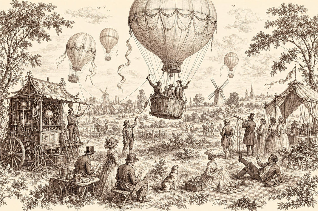 Vintage Toile Wallpaper Hot Air Balloons Sepia Engraving Removable Wall Decor pattern artwork
