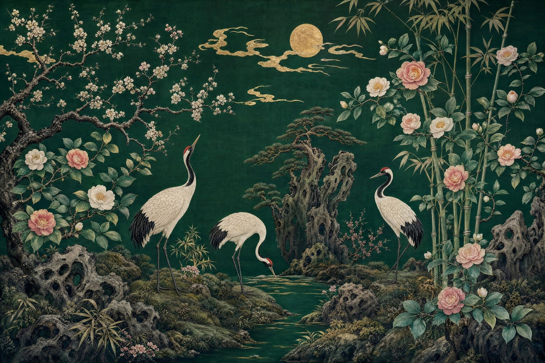 Landscape Mural Wallpaper Cranes Asian Garden Wall Mural pattern artwork