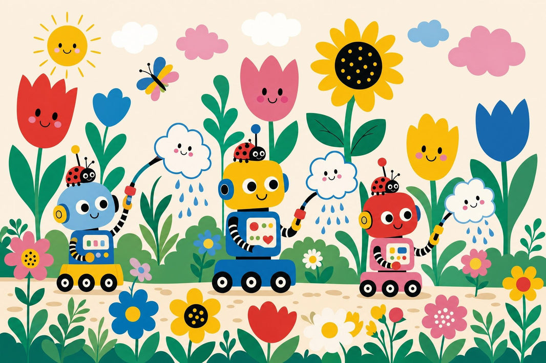 Kids Wallpaper Playful Garden Cute Robots Removable Wall Decor pattern artwork