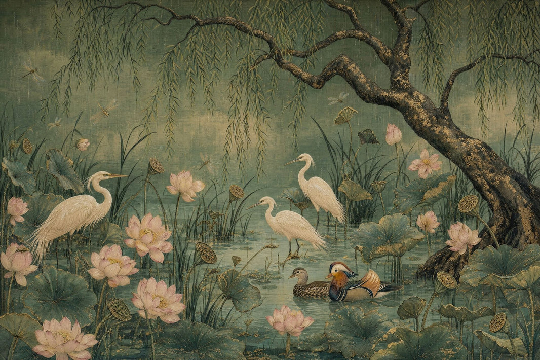 Lotus Pond Wallpaper Willow Tree Egrets Removable Wall Decor pattern artwork