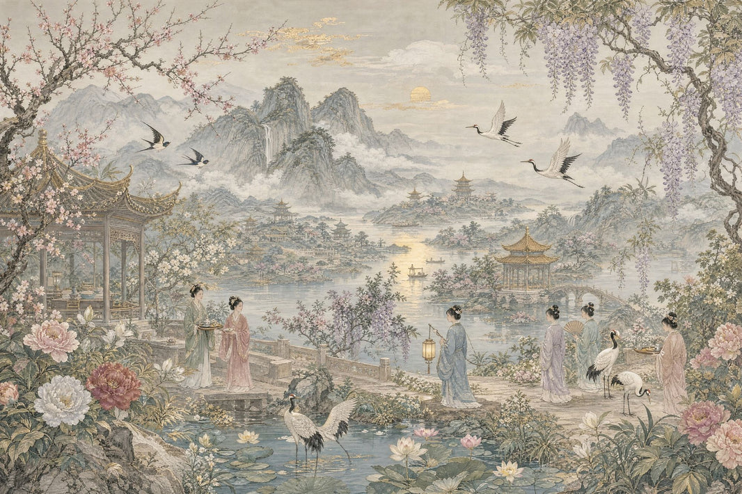 Chinese Landscape Wallpaper Pagoda Pavilion Removable Misty Mountains Wall Decor pattern artwork
