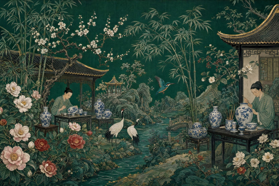 Chinese Garden Wallpaper Dark Green Landscape Mural Removable Wall Decor pattern artwork