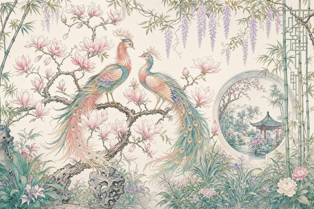 Chinoiserie Wallpaper Bird And Blossom Removable Magnolia Wall Decor pattern artwork