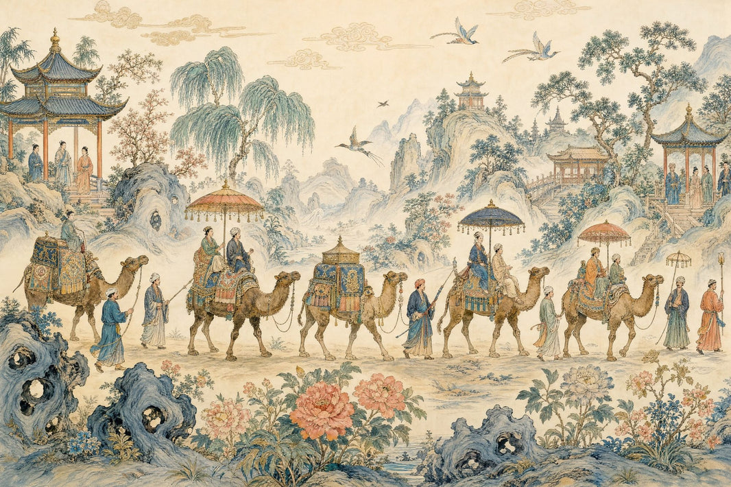 Chinese Landscape Wallpaper Camel Caravan Pavilions Wall Mural pattern artwork