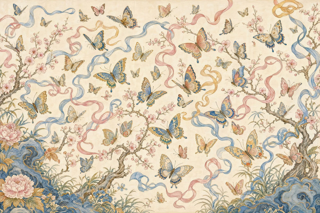 Butterflies Wallpaper Cherry Blossoms Ribbons Removable Wall Decor pattern artwork