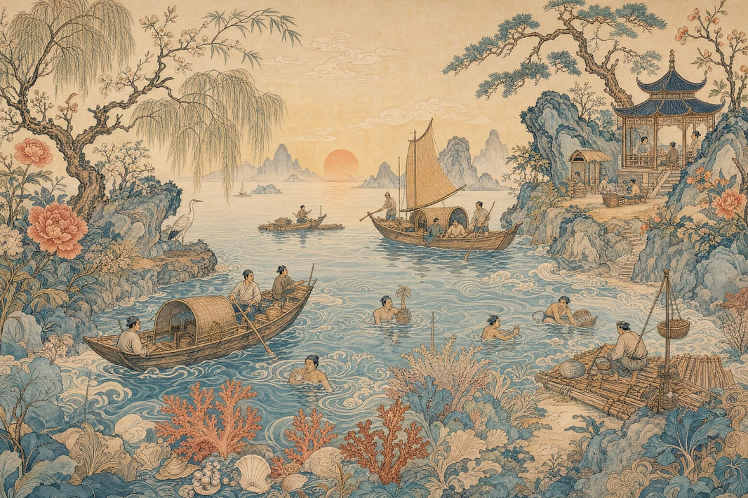 East Asian Landscape Wallpaper Coastal Fishing Scene Blue Water Removable Wall Decor pattern artwork