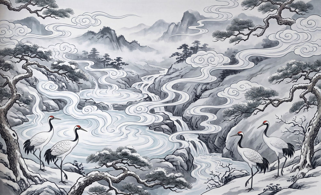 Oriental Landscape Wallpaper Ink Wash Removable Misty Mountains Wall Decor pattern artwork