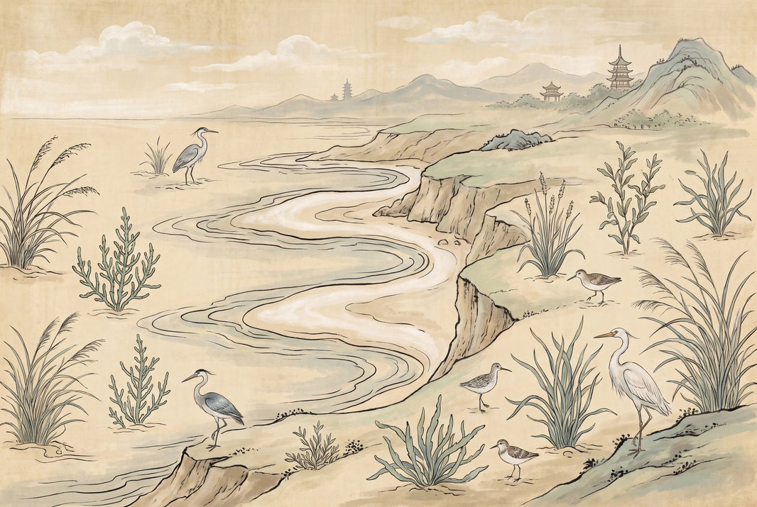Oriental Landscape Wallpaper Wetlands Winding River Wall Mural pattern artwork