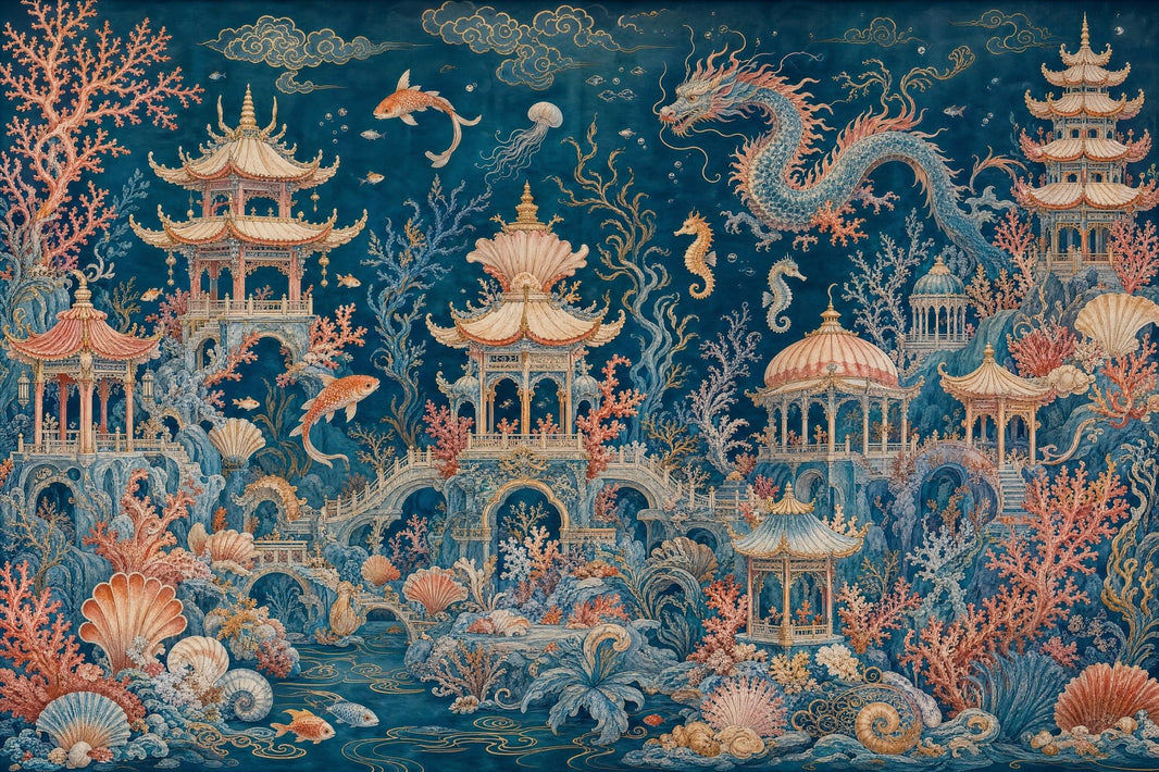 Chinoiserie Mural Wallpaper Dark Underwater Landscape Oriental Pagodas Wall Mural pattern artwork