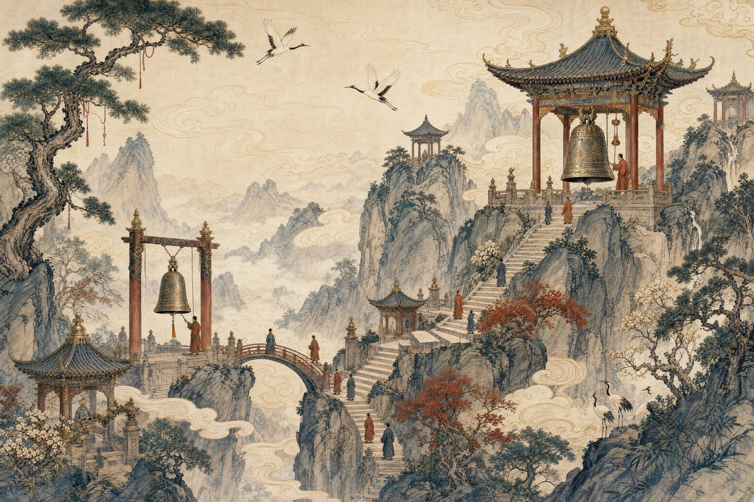 Chinese Landscape Wallpaper Misty Mountains Swirling Clouds Removable Wall Decor pattern artwork