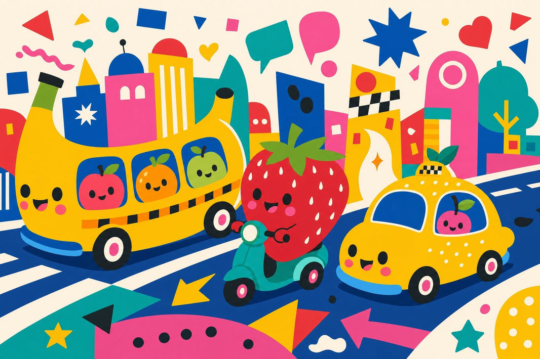 Cartoon City Wallpaper Cute Fruit Characters Yellow Bus Wall Mural pattern artwork