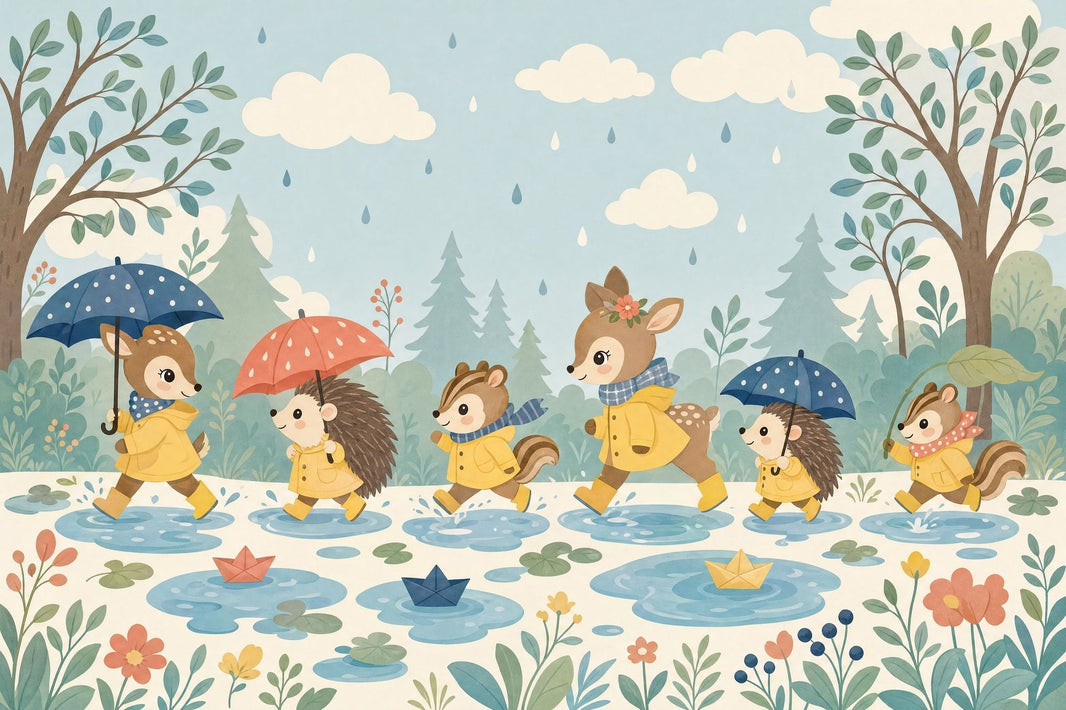 Woodland Animals Wallpaper Rainy Day Pastel Blue Sky Removable Wall Decor pattern artwork