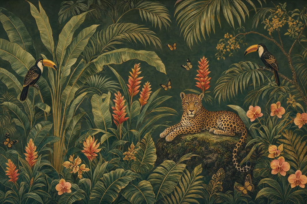 Dark Tropical Jungle Wallpaper Leopard Toucans Wall Mural pattern artwork
