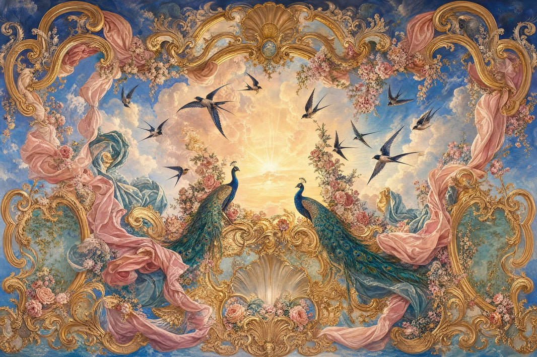 Rococo Wallpaper Gilded Scrollwork Removable Peacocks Wall Decor pattern artwork