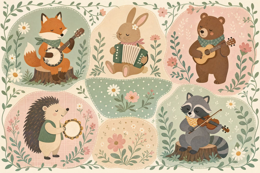 Woodland Animals Wallpaper Musical Instruments Removable Pastel Green Wall Decor pattern artwork
