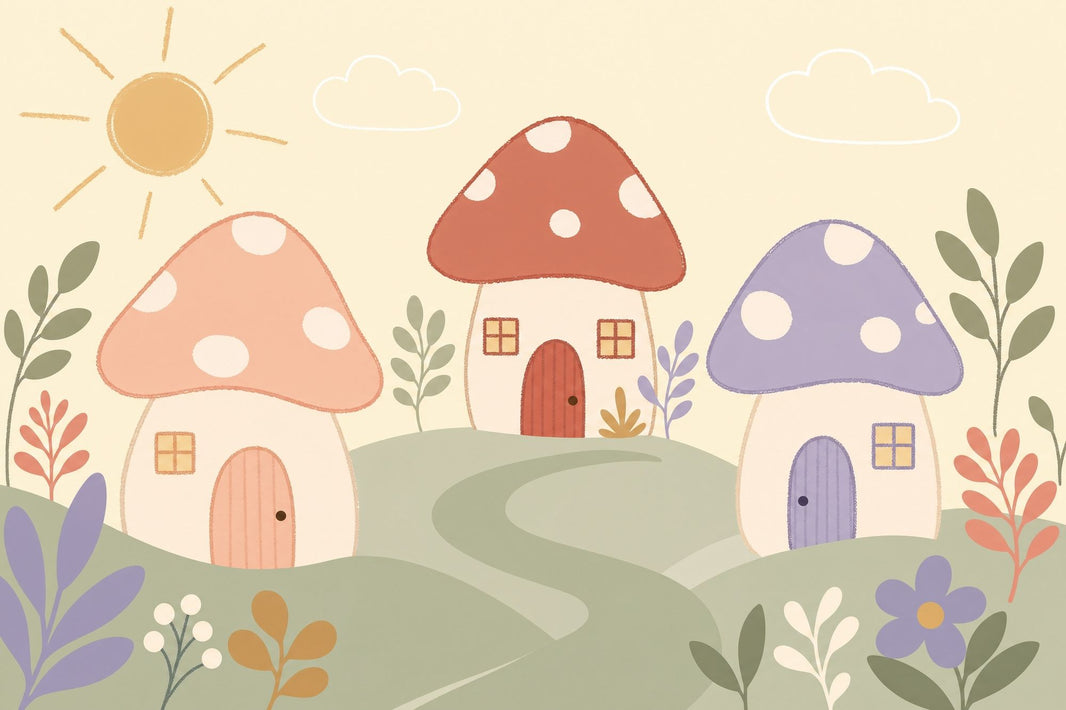Mushroom Houses Wallpaper Whimsical Landscape Removable Storybook Cottage Wall Decor pattern artwork