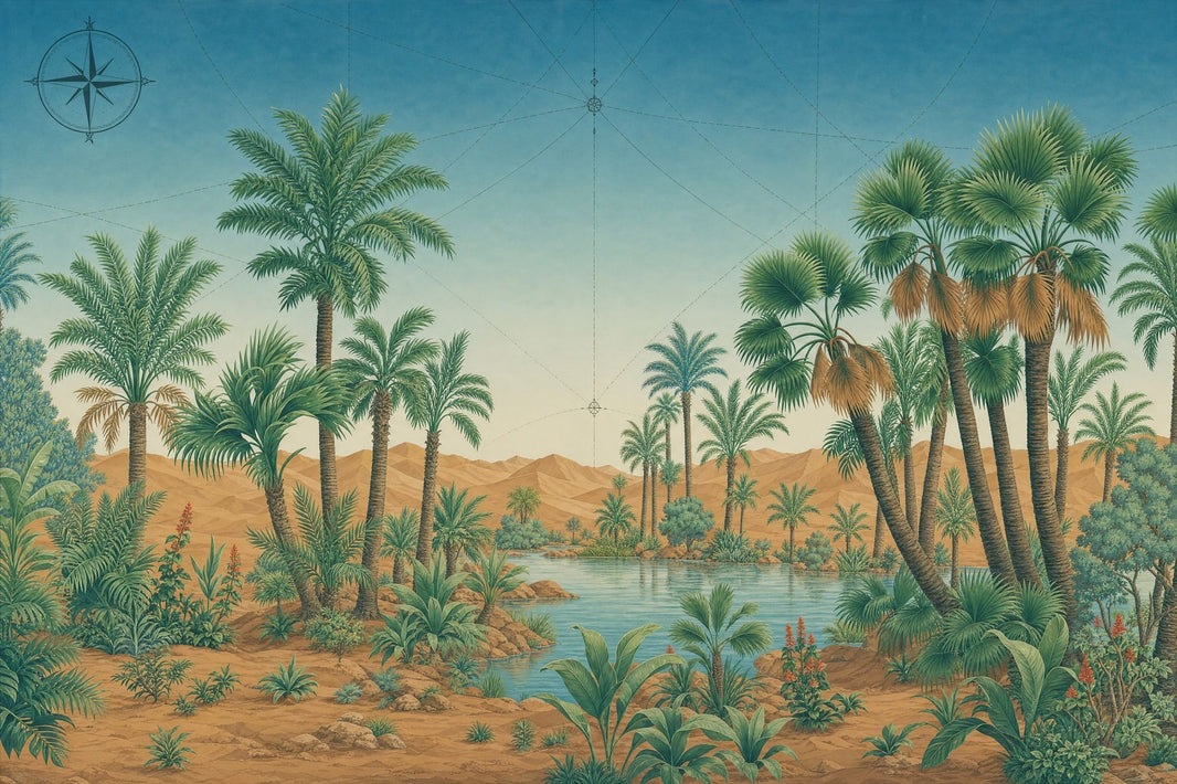 Desert Oasis Wallpaper Palm Trees Vintage Map Overlay Removable Wall Decor pattern artwork