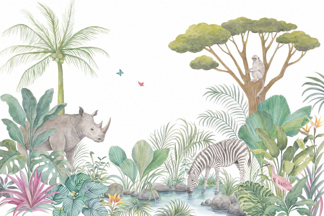 White Background Wallpaper Watercolor Removable Safari Wall Decor pattern artwork