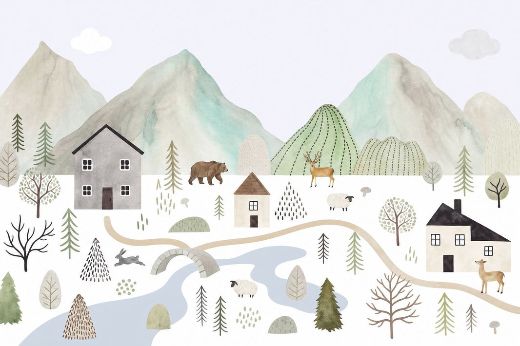 Watercolor Landscape Wallpaper Scandinavian Nursery Woodland Animals Wall Mural pattern artwork