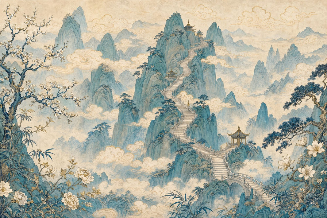 Chinese Landscape Wallpaper Misty Mountains Pagoda Pavilion Wall Mural pattern artwork