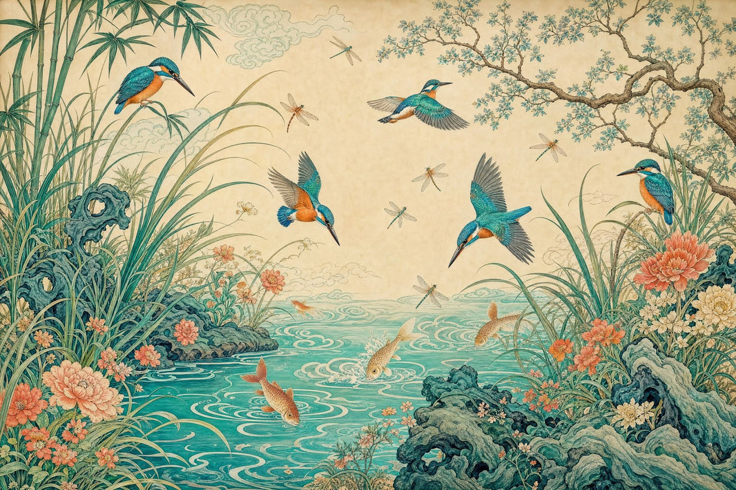 Chinoiserie Wallpaper Asian Inspired Removable Kingfisher Birds Wall Decor pattern artwork
