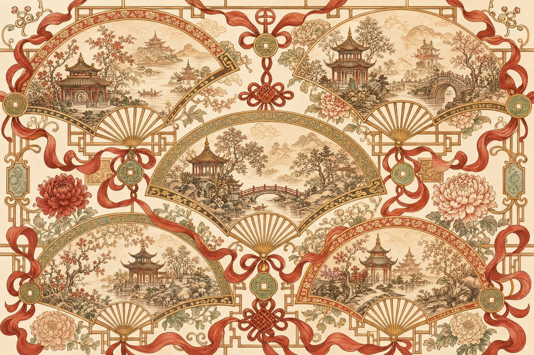Chinoiserie Wallpaper Fan Motif Pagoda Pavilion Wall Mural pattern artwork