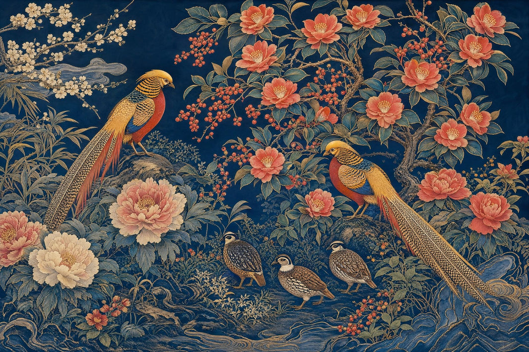 Dark Navy Background Wallpaper Oriental Floral Peonies Removable Wall Decor pattern artwork