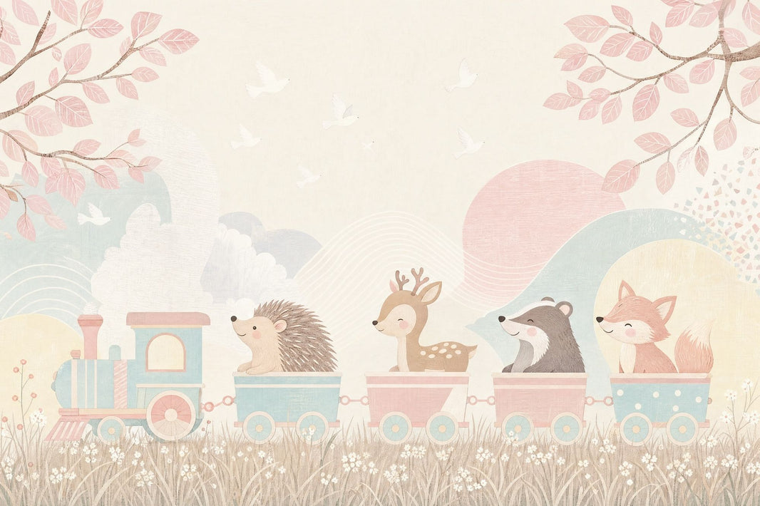 Woodland Animals Wallpaper Pastel Toy Train Wall Mural pattern artwork