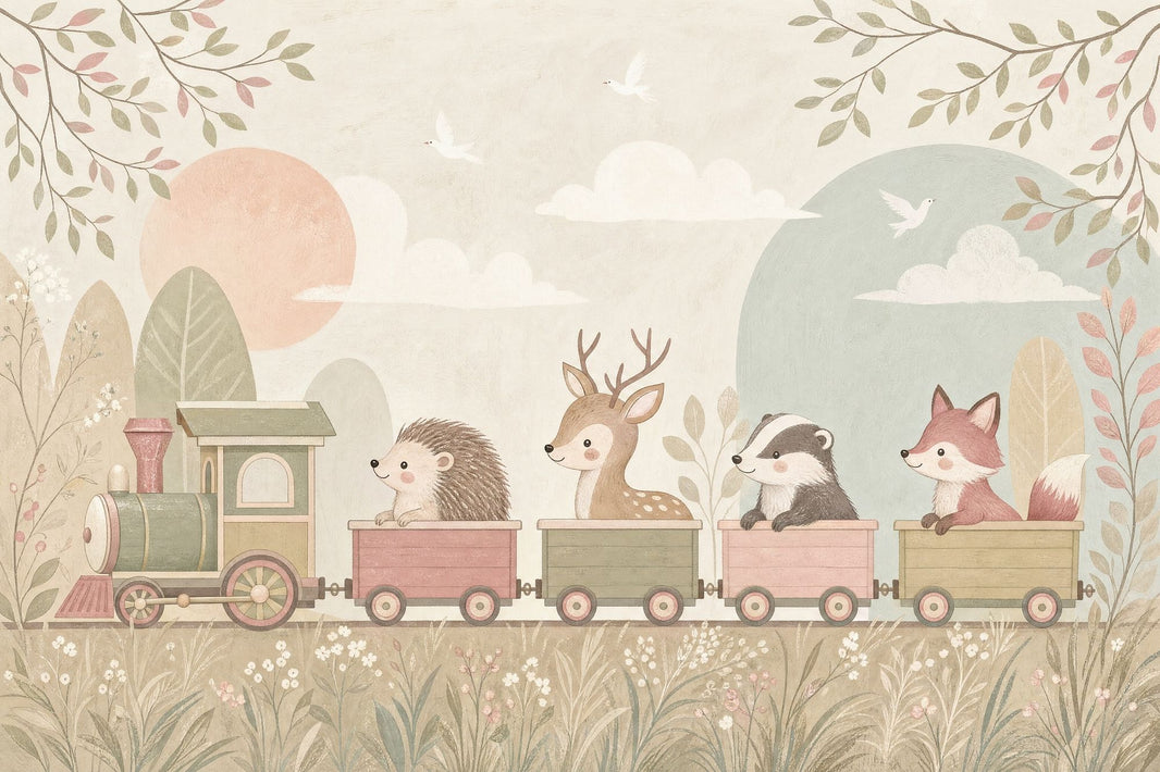 Muted Green Wallpaper Pastel Train Woodland Removable Wall Decor pattern artwork