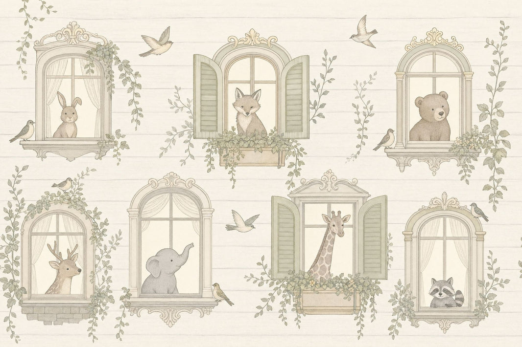 Storybook Wallpaper Ornate Windows Removable Woodland Animals Wall Decor pattern artwork