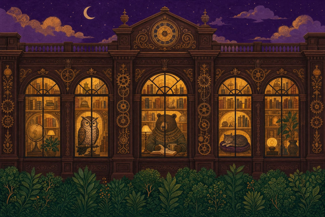 Night Library Wallpaper Vintage Illustration Arched Windows Wall Mural pattern artwork