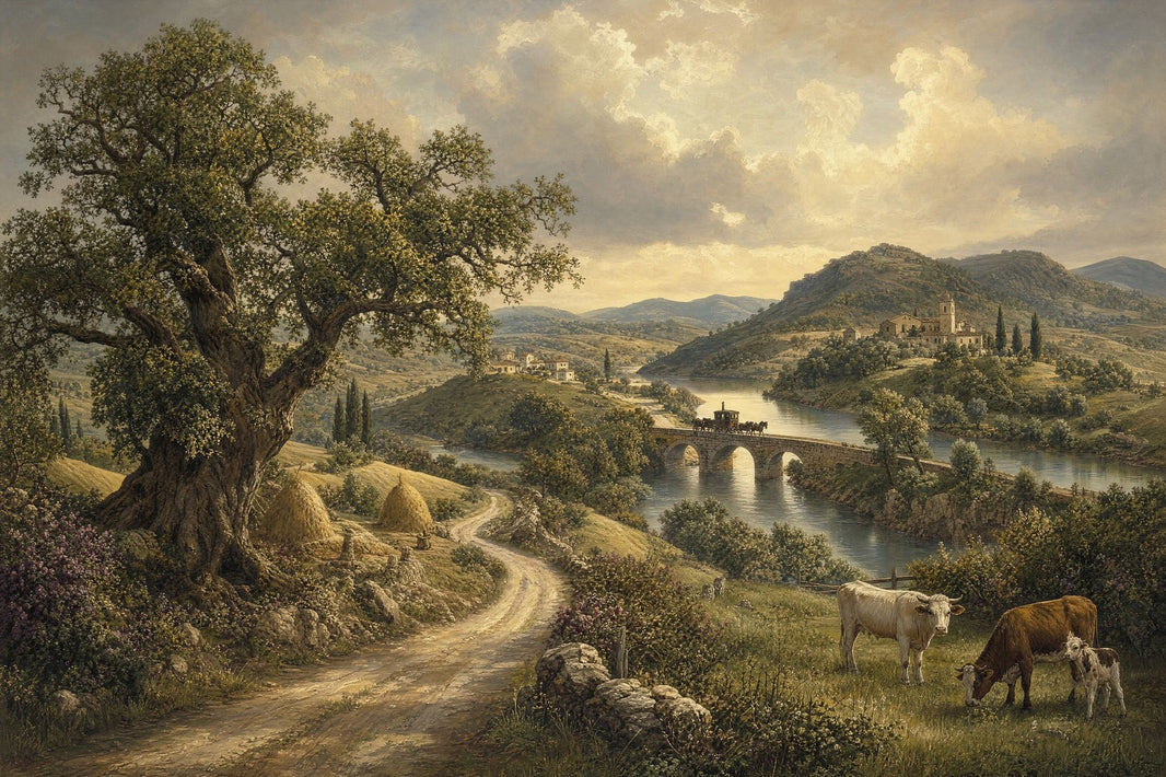 Pastoral Landscape Wallpaper River Valley Stone Bridge Removable Wall Decor pattern artwork