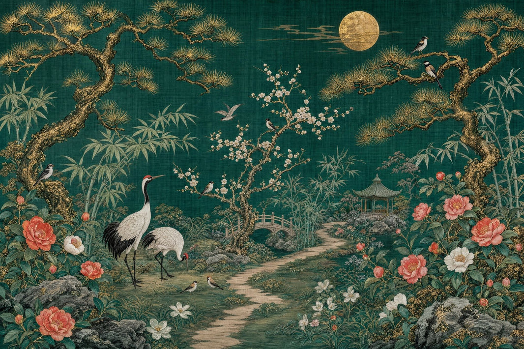 Asian Garden Wallpaper Cranes Removable Peonies Wall Decor pattern artwork