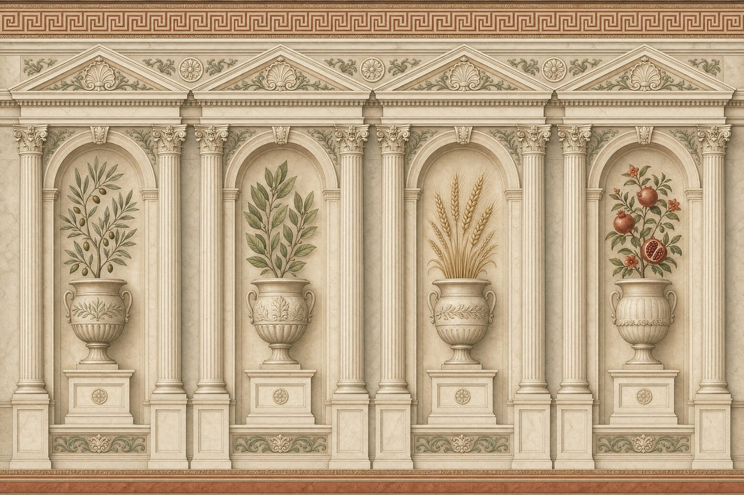 Classical Architecture Wallpaper Arched Niches Greek Key Border Wall Mural pattern artwork