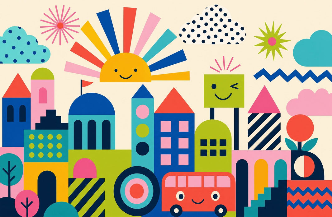 Geometric Cityscape Wallpaper Bright Kids Wallpaper Wall Mural pattern artwork