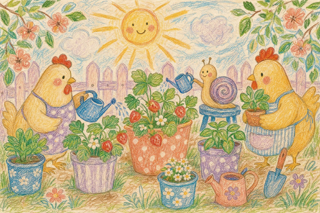 Bright Garden Wallpaper Strawberry Plants Chickens Wall Mural pattern artwork