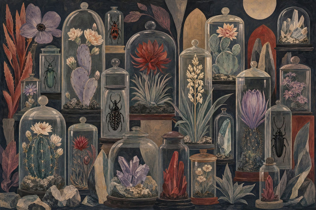 Cabinet Of Curiosities Wallpaper Glass Cloches Botanical Specimens Removable Wall Decor pattern artwork