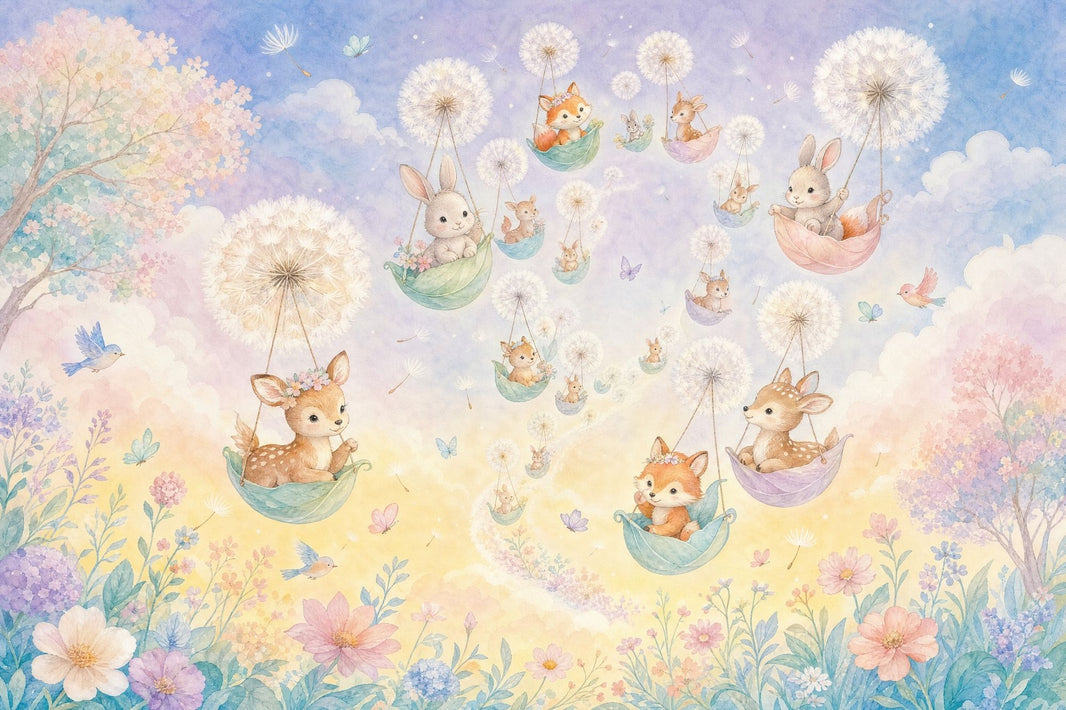 Whimsical Nursery Wallpaper Woodland Animals Removable Dandelion Puff Wall Decor pattern artwork