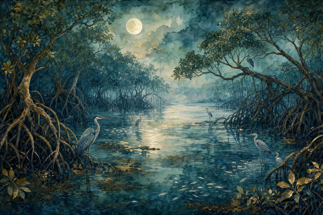 Moonlit Mangrove Wallpaper Dark Misty Night Wall Mural pattern artwork
